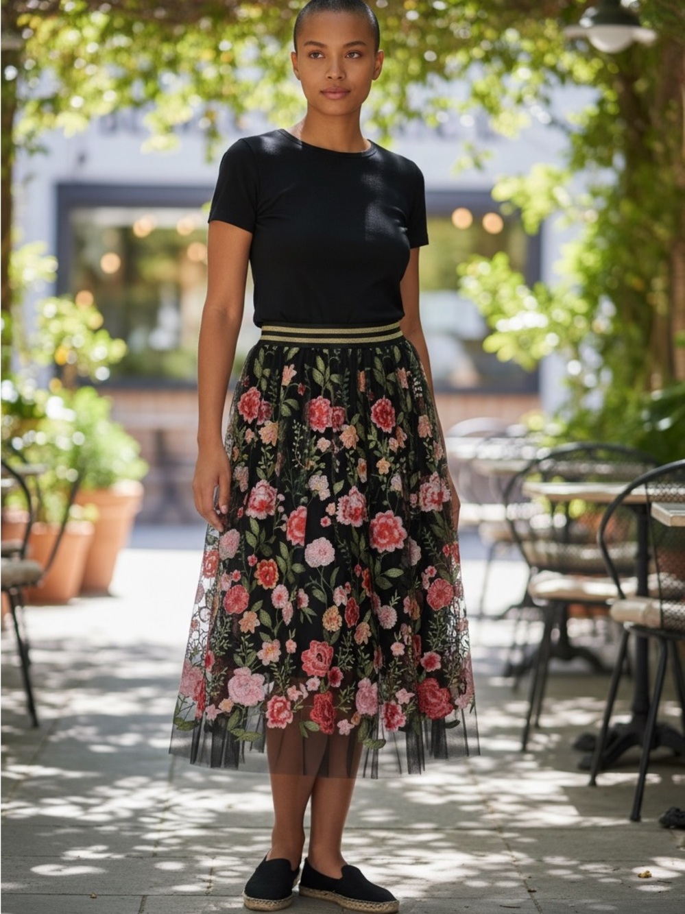 607. Aratta Black Tulle Midi Skirt with Pink Floral Embroidery